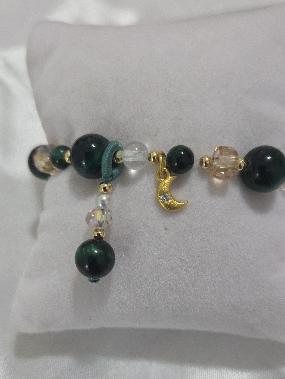 Gold Moon Charm Green Beaded Women's Bracelet